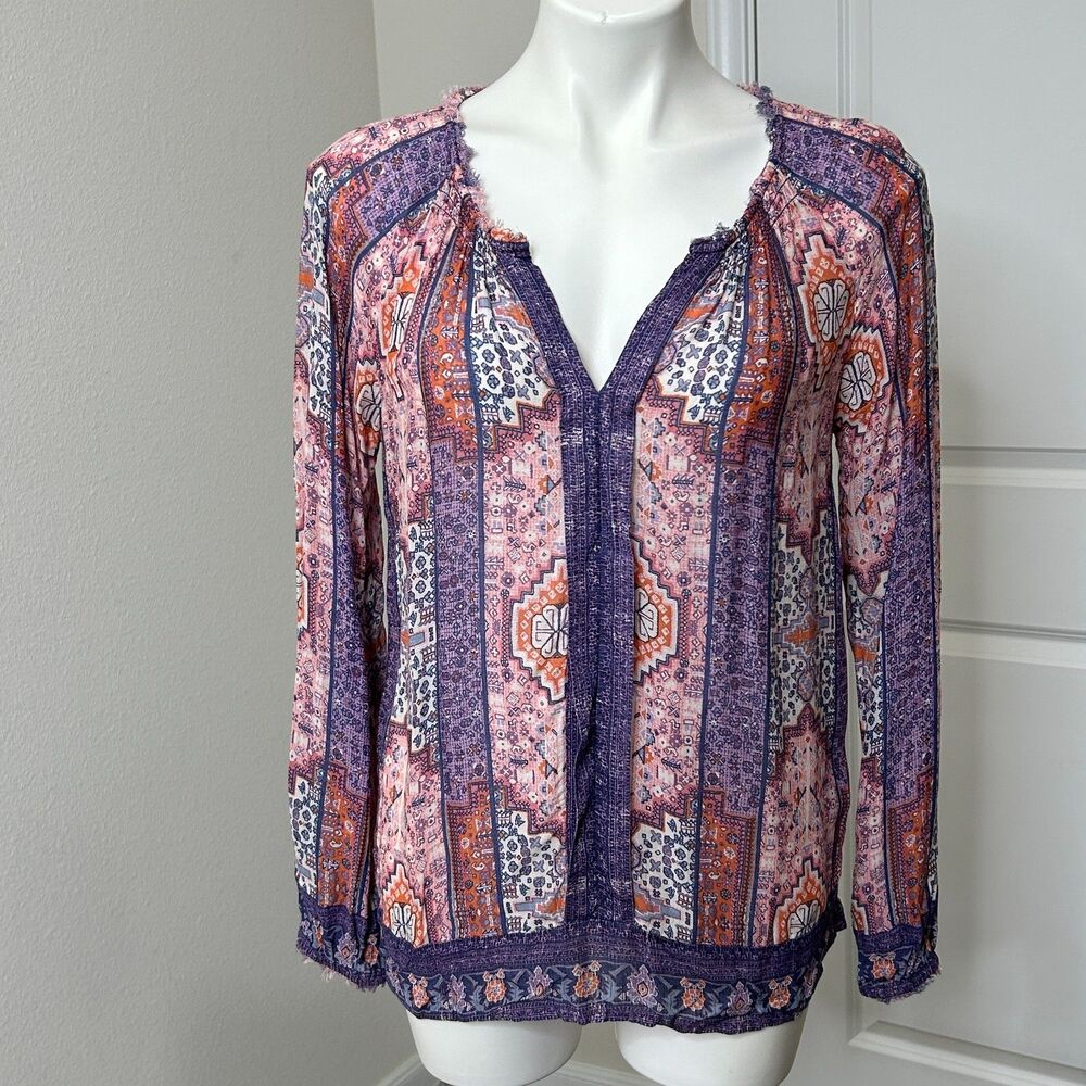 Lucky Brand Peasant Blouse Small Purple Boho Tapestry Geometric Festival Top